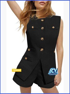 2 Piece Vest Shorts Set Sleeveless Button Down Blazer Office Business
